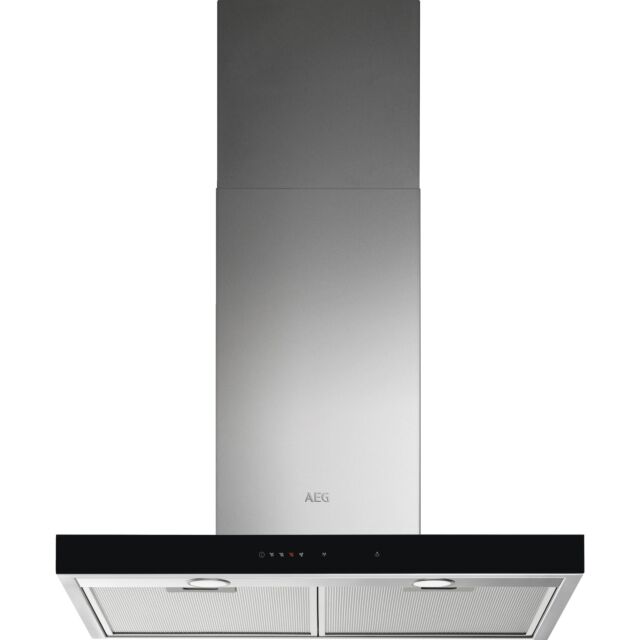 AEG DBE5761HG 
70cm Stainless Steel Box chimney Hood, Full black glass fronted Touch on Glass, LED L