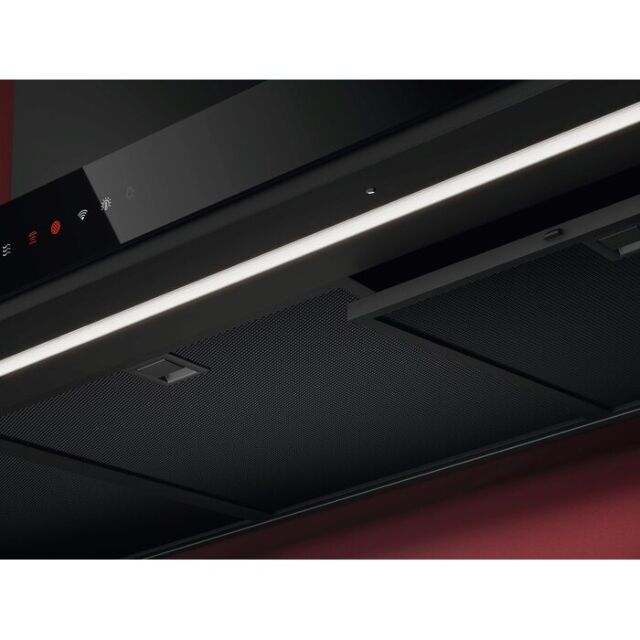 AEG GB87D91CB 
90cm Gloss Black Box chimney Hood, Full black glass fronted Touch on Glass, LED Light
