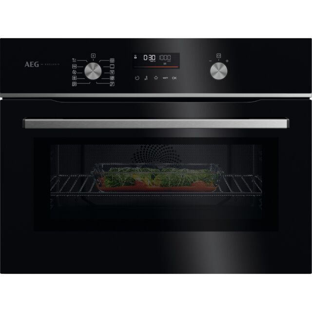 AEG GK6NK40FB 59.5cm Compact Combi Microwave Oven - Gloss Black with Steel Trim