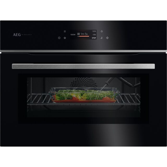 AEG GK7NK62FB 59.5cm Compact Combi Microwave Oven - Gloss Black with Steel Trim