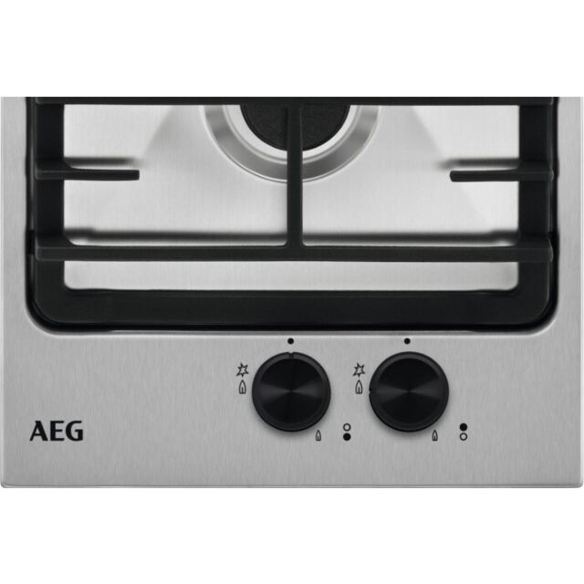 AEG HGX3220SM 
30cm domino 2 gas burners. Cast Iron supports Front black rotary controls. Stainless 