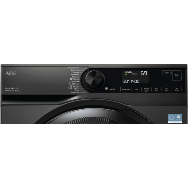 AEG LFSR7484U4B Washing machine. 7000 Series, ProSteam, 8kg wash capacity, 1400rpm. MixLoad 69 Min,
