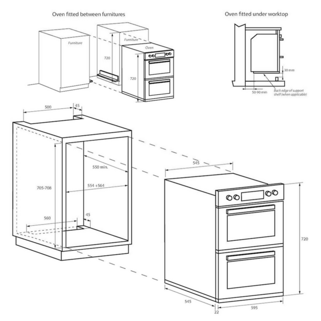 Hoover HO7DC3B308IN 59.5cm Built Under Double Oven Black