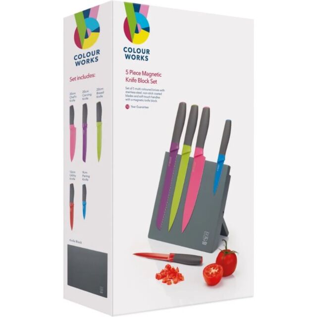 KitchenCraft CWKNBMAG5PC Colourworks Brights Five Piece Knife Set with Magnetic Storage Block