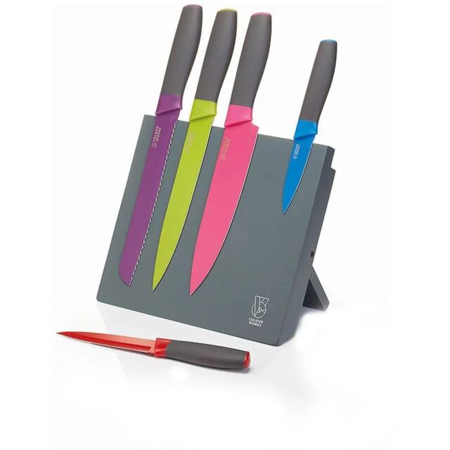 KitchenCraft CWKNBMAG5PC Colourworks Brights Five Piece Knife Set with Magnetic Storage Block