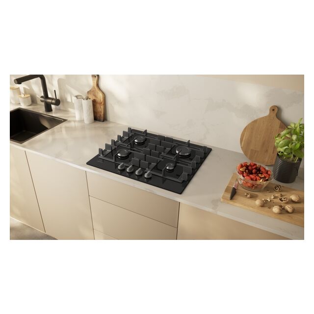 Neff T26NKP4S0 60 cm, 4 burners, Black Tempered Glass, 4 Dishwasher suitable cast iron pan supports,