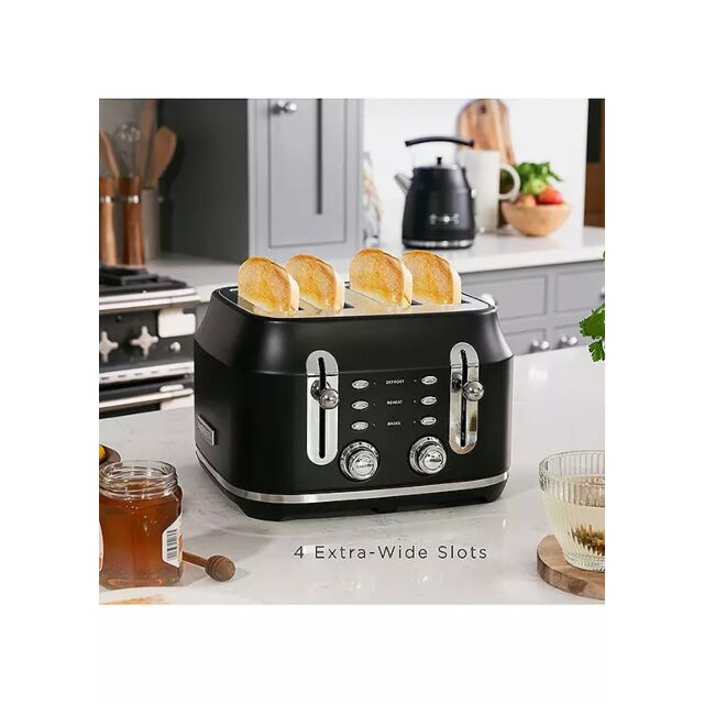 Rangemaster RMCL4S304 BK 4-Slice Long Slot Toaster, variable browning controls, high-lift function, 