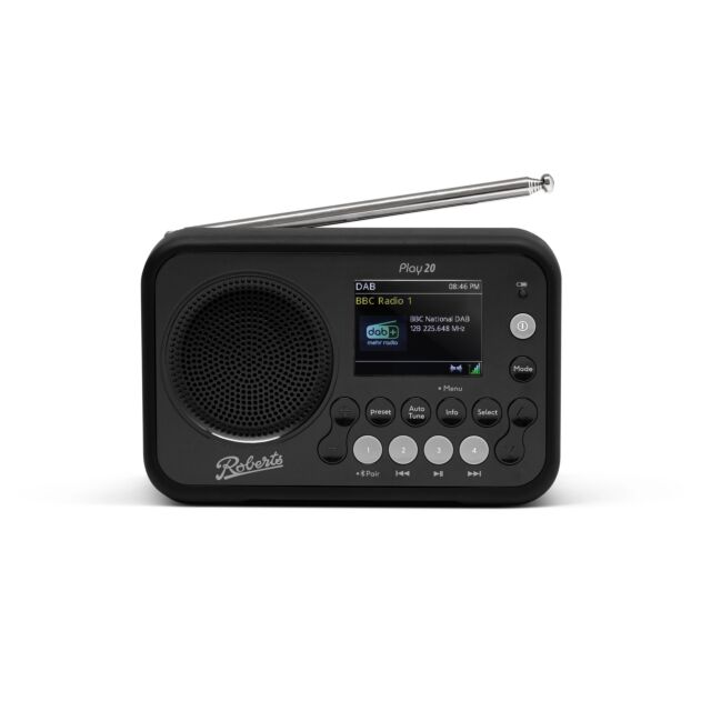 Roberts PLAY20BK DAB / Dab+ / FM RDS Radio/ TFT Colour Display Bt, Built-In Battery Charger 