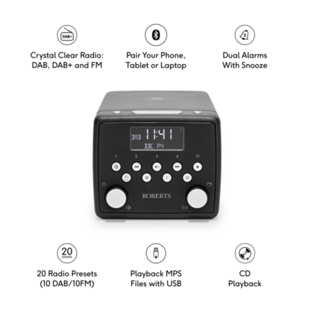 Roberts SOUND 49BK DAB+/FM Bedside Radio W/ CD & Bluetooth. CD And USB Bookmark Stereo Black