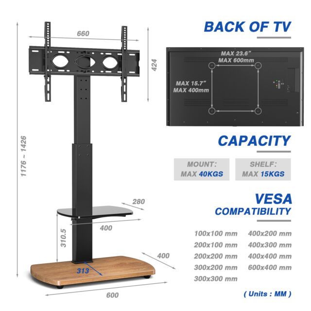TTAP FS1-OAK 600mm Oak Based Floor Stand, Swivel, Up to 65inch, Height Adjustable, 600 x 400 vesa