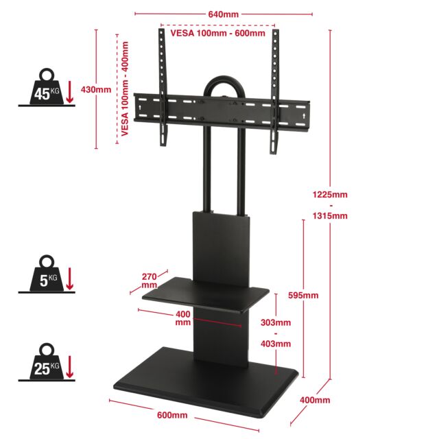 TTAP FS2-BLK Black Pedestal TV Stand, Height Adj, Swivel, 600 x 400 vesa, up to 70inch