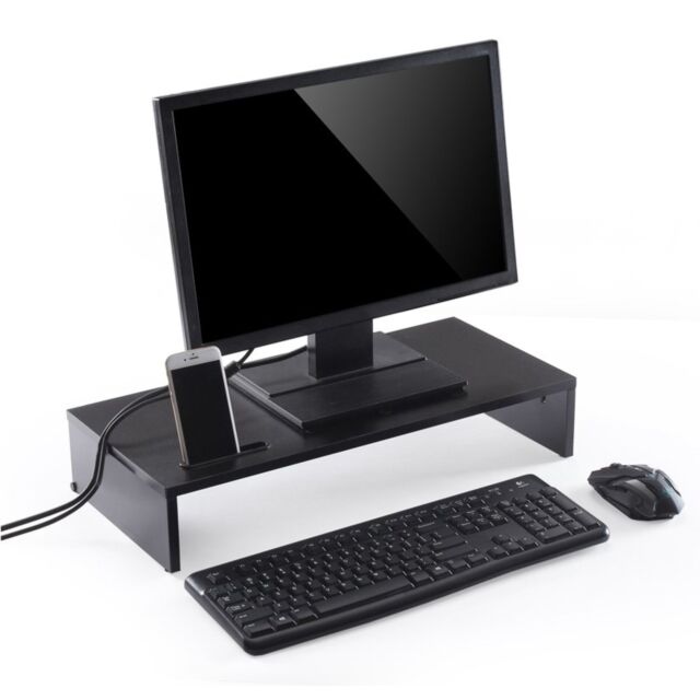 TTAP MP1001 Black Wooden Screen Riser with Mobile Phone Holder, Single Shelf