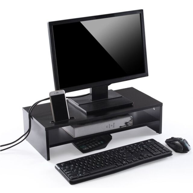 TTAP MP1002 Black Wooden Screen Riser with Mobile Phone Holder, Double Shelf 