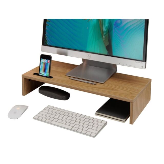 TTAP MP1008 Light Oak Screen Riser with Mobile Phone Holder, Single Shelf