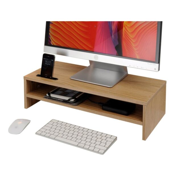 TTAP MP1009 Light Oak Screen Riser with Mobile Phone Holder, Double Shelf 