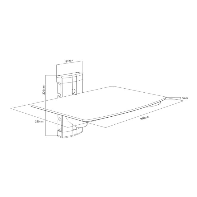 TTAP TTD-1-SHELF Single Glass Shelf, Cable Man, W:360 D:235mm, Max Weight 5Kg 