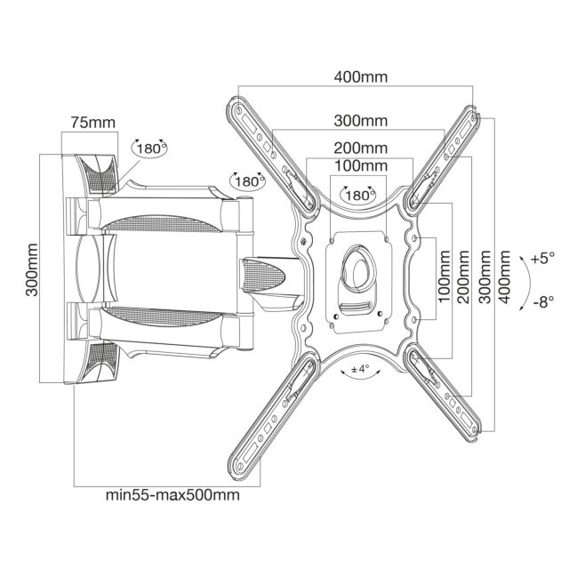 TTAP TTD202DAEX Double Arm, Tilt -5-Â°, Swivels 90Â°, Extends 500mm, Weight 35Kg, Up to 55inch 